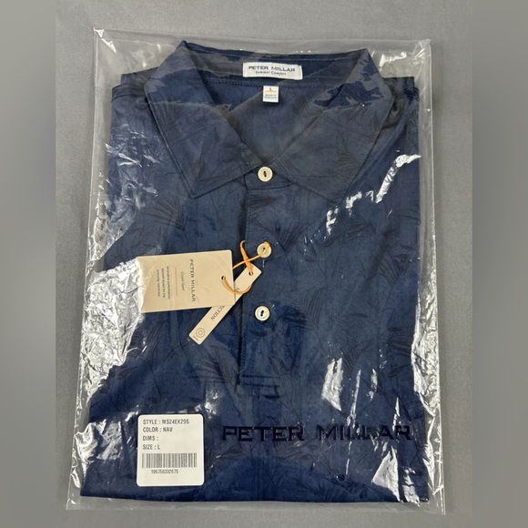 Peter Millar Golf Shirt Polo Bamboo Botanical Print Large Blue Polyester